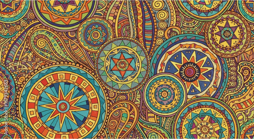 Abstract Bohemian Pattern with Ornate Circles and Paisley Motifs | Colorful Ethnic Background for Textile Prints, Fashion Design, and Decorative Arts