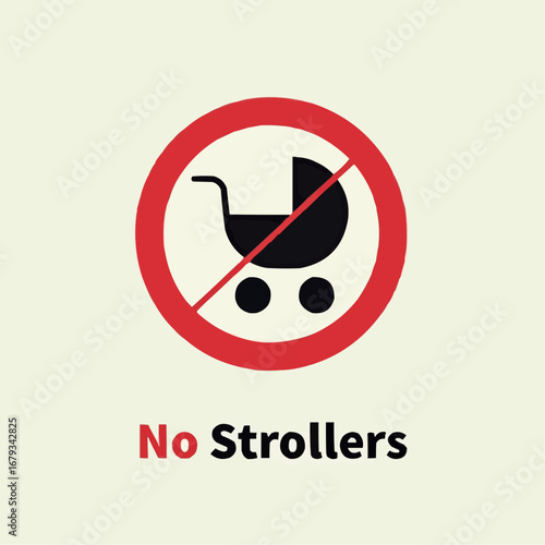 Flat vector No Strollers prohibition sign with crossed-out baby carriage  