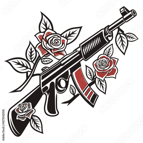 Vector art of ak47 assault rifle with roses, a symbol of rebellion and resistance