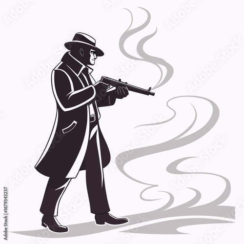 Vector art of gangster in hat and coat with gun