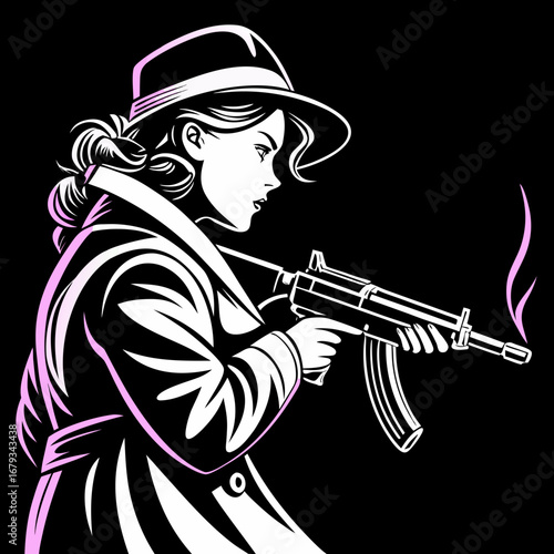Vector art of gangster woman with machine gun in trench coat vector illustration