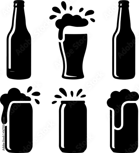 Bold black silhouette emblem depicting a frothy beer mug, aromatic hops, and golden wheat, representing the essence of brewing, craft beverages, and pub culture