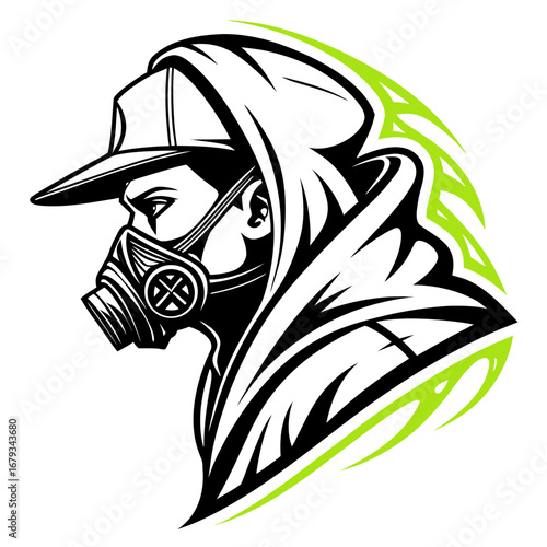 Vector art of man in hoodie and gas mask with green background