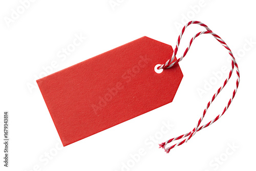 Red gift tag with string. Blank label for text.