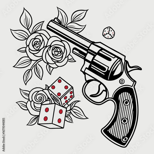 Vector art of revolver with dice and roses in vintage tattoo style
