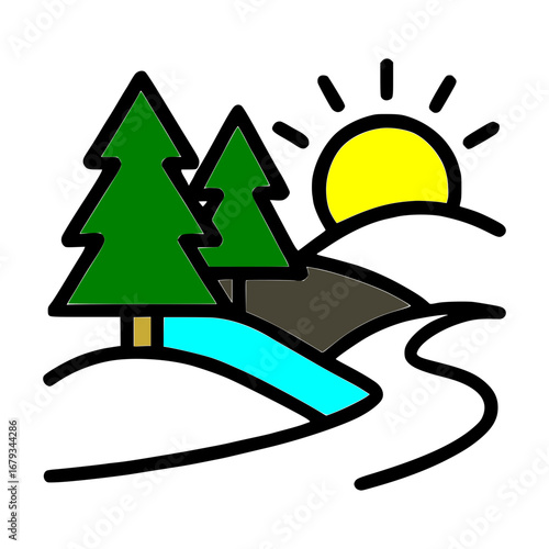 Sunny serene landscape with pines and river scene