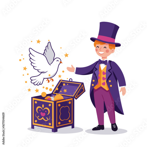 A young magician pulls a dove out of a colorful box with stars during a circus performance