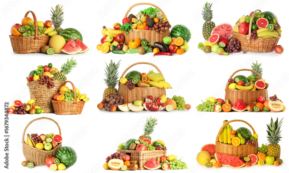 Fototapeta premium Collection of fresh organic fruits and vegetables on white background