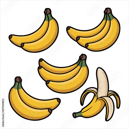 Five Cartoon Bananas One Peeled On White Background fruit food
