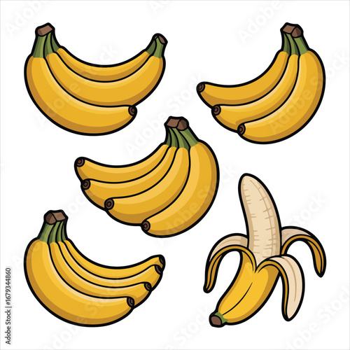 Bunch Of Yellow Bananas And One Peeled Banana On White Background fruit food