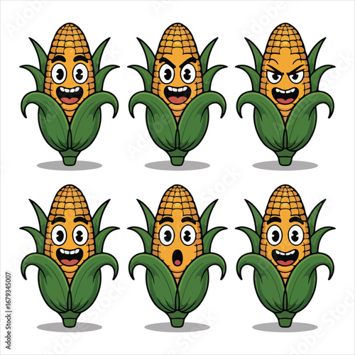 Six Cartoon Corn Characters With Different Facial Expressions On White Background