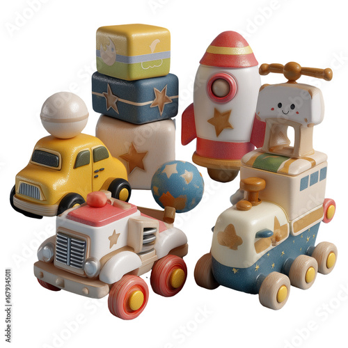 Wooden children toys set with colorful cars, rocket, blocks, and ball, featuring star patterns and smiling faces, evoking playful and joyful emotions for kids