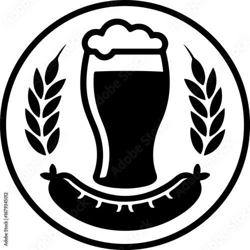 A black silhouette logo featuring a pint of beer and a sausage, framed by wheat stalks in a circular emblem