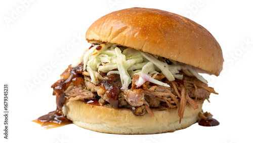 Pulled pork BBQ burger with coleslaw topping, tender pork, brioche bun, white background