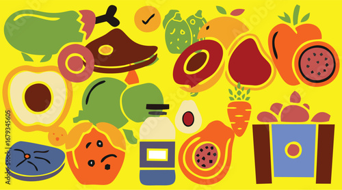 "Stylized food illustrations in minimalist outline format, showcasing diverse ingredients from fruits to proteins