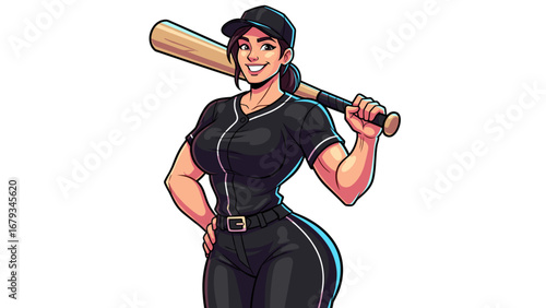Female Baseball Player with Bat - High detailed vector art