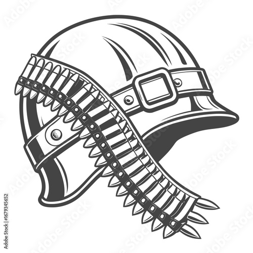 Vector art of vintage military helmet with bullet belt