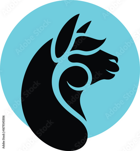 Stylized black alpaca silhouette on a teal circle background