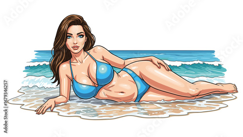 Brunette Woman in Bikini on Beach - High detailed vector art