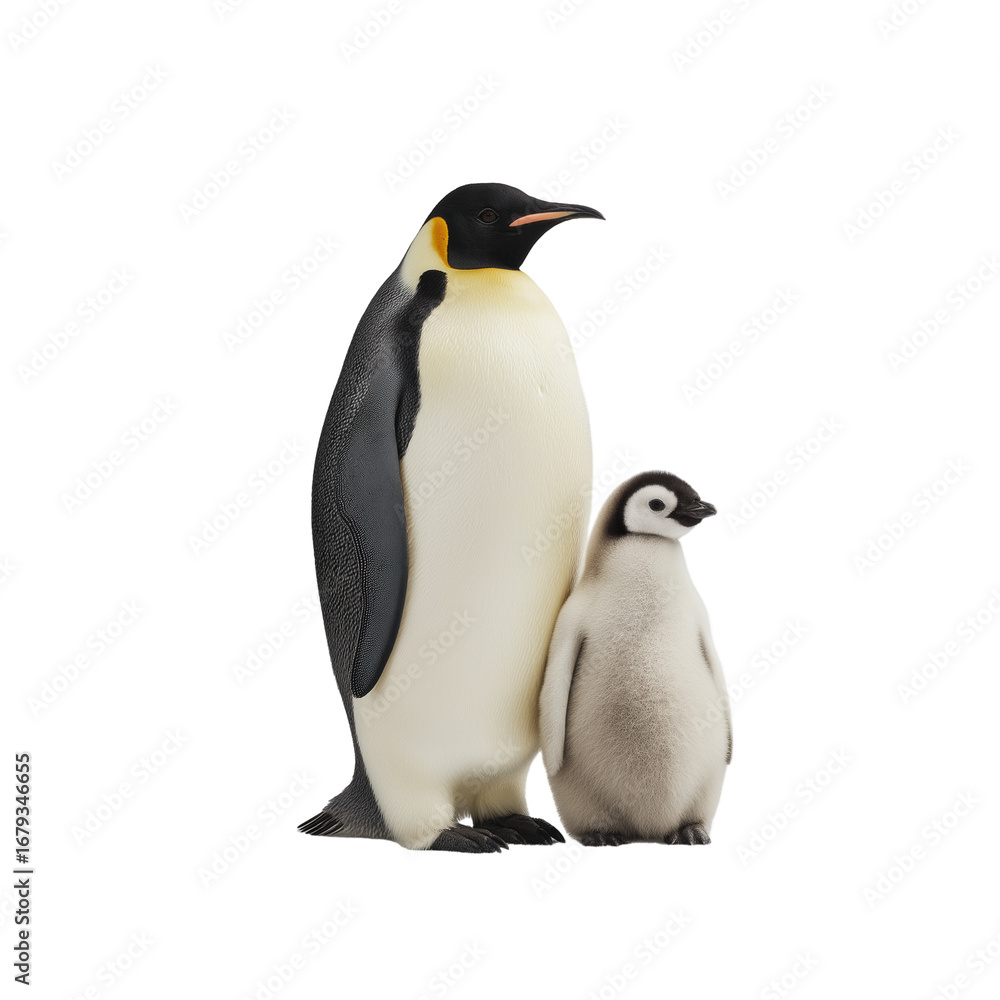 Obraz premium Emperor penguin adult and chick standing side by side with clean transparency background showing detailed feathers and natural colors in calm and peaceful pose