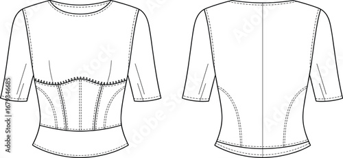 Women's top technical fashion sketch, front and back view, corset style, short sleeve, round neck, garment flat drawing, apparel design, cad drawing flat vector illustration
