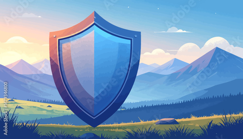 A majestic shield stands in a serene mountain landscape.