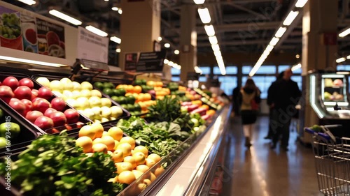 A vibrant supermarket produce section showcases fresh fruits and vegetables neatly arranged under bright lighting. Shoppers walk through the modern store, enjoying a convenient and lively grocery expe