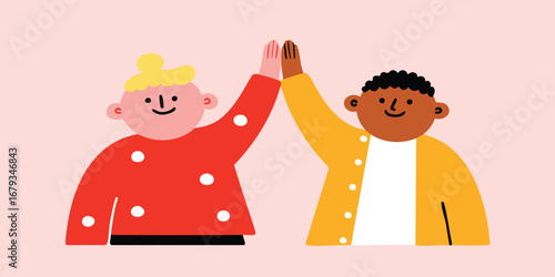 A vibrant illustration captures two diverse individuals exchanging a high-five, a symbol of camaraderie and unity. The artwork radiates warmth and happiness.
