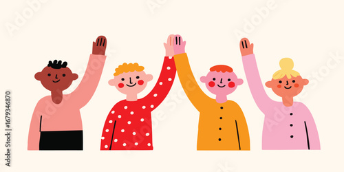 A cheerful group of diverse individuals raise their hands in a gesture of unity and agreement, set against a neutral backdrop.