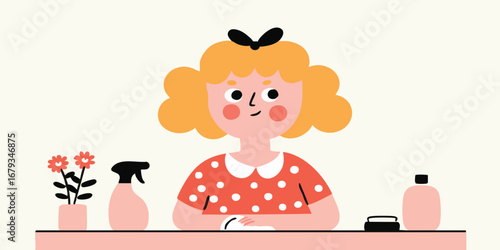 A cartoon woman, in the style of illustration, with a pretty face smiles and sits, surrounded by the flower pot and the cosmetics, creating a vibe of beauty and freshness.