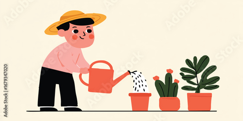 A charming illustration depicts a gardener tending to a row of potted plants, watering them with a watering can. The scene evokes feelings of tranquility and the joy of nurturing nature.