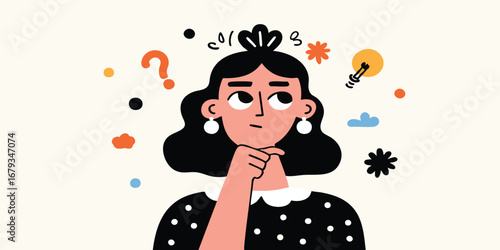 A thoughtfully illustrated graphic depicting a woman lost in thought, surrounded by visual cues symbolizing ideas and uncertainty, and contemplating a solution or making a decision. 