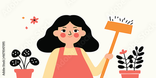 A friendly lady with a broom, smiling warmly amid indoor plants, embracing a touch of spring joy.