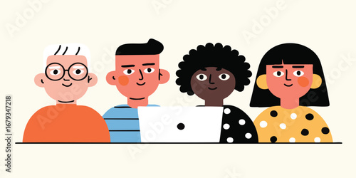 A diverse group of people from different backgrounds and ethnicity, working together in a collaborative environment with a computer