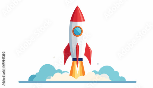 A cartoon rocket launching into space with fiery propulsion.