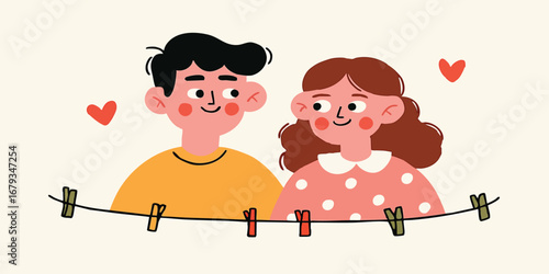 An illustrated couple celebrates their love and affection, their eyes locked in mutual adoration. Soft lines, pastel hues, and simple design convey intimacy and connection.