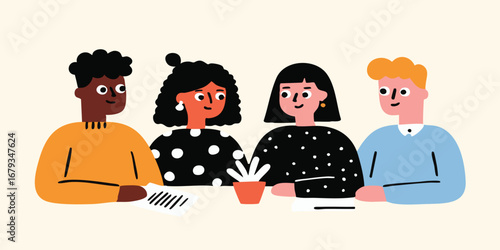 A diverse group of individuals engaging in a creative session around a table, symbolizing teamwork and collaboration, fostering an environment of unity. 