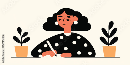 A moment of contemplation: A creative person is immersed in the art of writing, surrounded by the subtle presence of potted plants and a workspace.