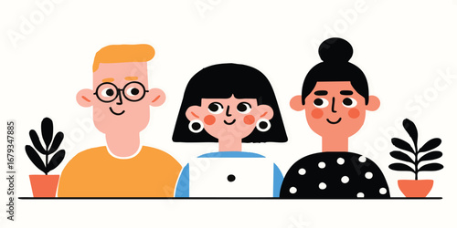 Three illustrated individuals stand side-by-side in a minimalist and modern digital design, featuring clean lines and a cheerful palette, they are smiling together.