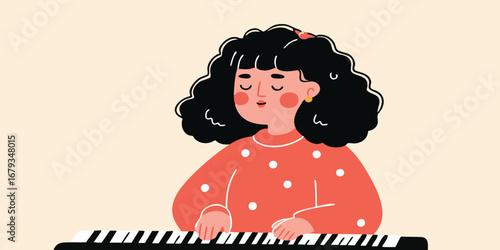 A charming illustration portrays a young girl engrossed in playing the piano, her fingers dancing gracefully across the keys, lost in the music.