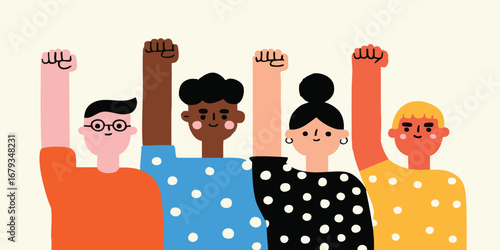 A united and diverse group of individuals, raise clenched fists, symbolizing solidarity and empowerment. A vibrant scene where hope, strength, and unity shine through.