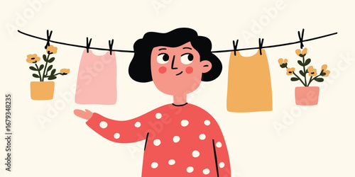 A woman admires her drying laundry, symbolizing a moment of domestic peace, against a backdrop of minimalist design and a touch of floral charm.