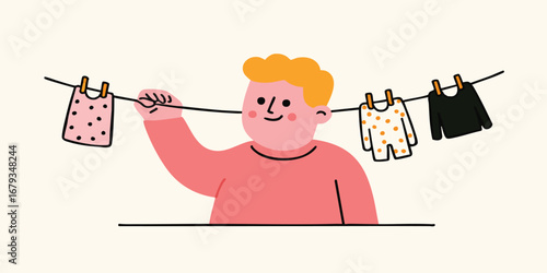 An illustration captures the warmth of a sunny day as a person diligently hangs laundry on a clothesline, the garments swaying gently in the breeze.