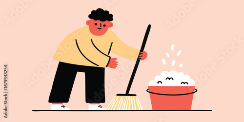 A simplified illustration of a person diligently sweeping, with a bucket full of soap, offering a glimpse into everyday tidiness and cleaning routines.