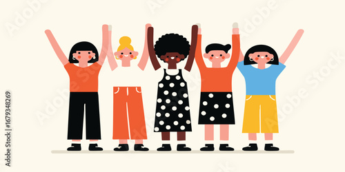 Celebrating the strength and unity of womanhood. A diverse group of women raises their hands in a gesture of solidarity. An illustration celebrating the power of sisterhood.