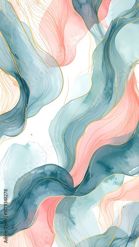 A captivating abstract design featuring flowing, soft pastel colors of pink and teal, with delicate gold lines intertwining the wavy forms.