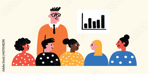 A dynamic illustration showcases a diverse group of individuals engaging in an animated business meeting, set against a backdrop of a rising graph representing achievement and success.