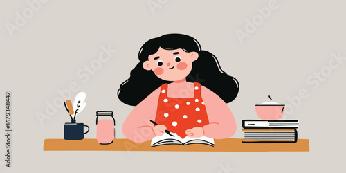 A focused young girl engaged in the art of writing at her desk, with charming simplicity, capturing the essence of youthful study and artistic expression. 