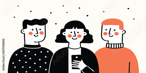 Friendly companions gather together. With a digital device in hand, a character captures the intimate moment. This cartoon conveys the warmth and delight found in sharing experiences.