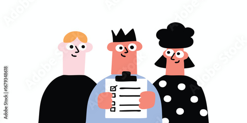 A friendly group of individuals collaboratively reviews a checklist, symbolizing unity and teamwork. Simple design and approachable style, it portrays the essence of collaboration and task completion.